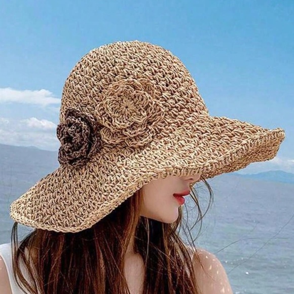 Boho Tan Floral Applique Straw Wide Brim Sun Hat main image 4